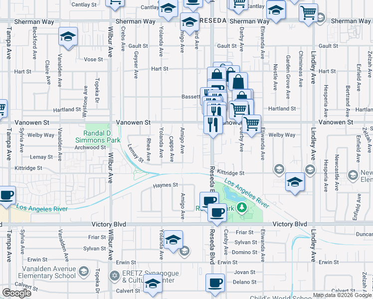 map of restaurants, bars, coffee shops, grocery stores, and more near 6660 Amigo Avenue in Los Angeles