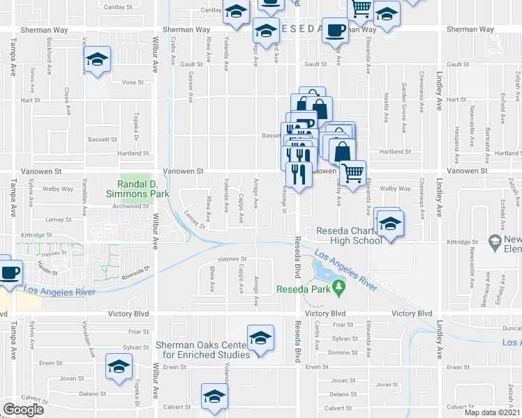 map of restaurants, bars, coffee shops, grocery stores, and more near 6660 Amigo Avenue in Los Angeles