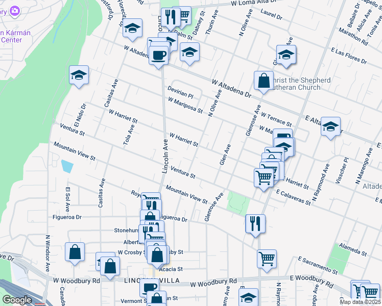 map of restaurants, bars, coffee shops, grocery stores, and more near 2695 North Olive Avenue in Altadena