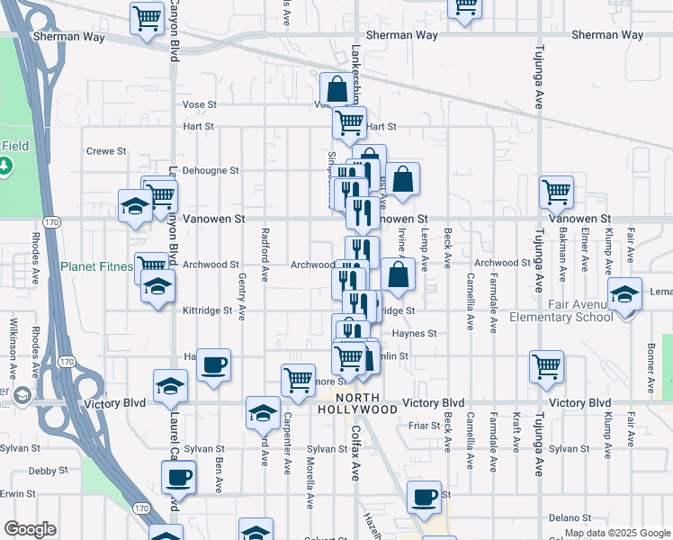 map of restaurants, bars, coffee shops, grocery stores, and more near 11722 Archwood Street in Los Angeles
