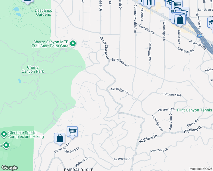 map of restaurants, bars, coffee shops, grocery stores, and more near 4129 Pembury Place in La Cañada Flintridge