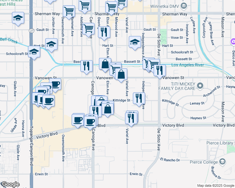 map of restaurants, bars, coffee shops, grocery stores, and more near 6700 Eton Avenue in Los Angeles