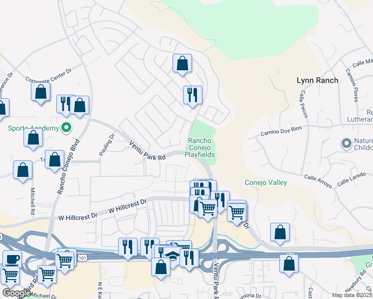map of restaurants, bars, coffee shops, grocery stores, and more near Lawrence Drive in Thousand Oaks