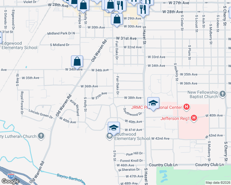 map of restaurants, bars, coffee shops, grocery stores, and more near 2407 West 37th Avenue in Pine Bluff