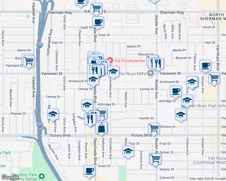 map of restaurants, bars, coffee shops, grocery stores, and more near 6661 Columbus Avenue in Los Angeles