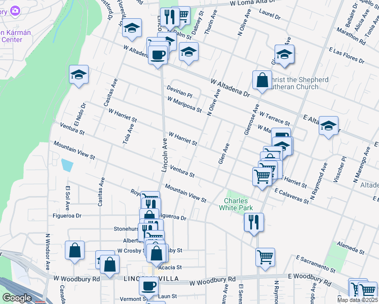 map of restaurants, bars, coffee shops, grocery stores, and more near 2695 North Olive Avenue in Altadena