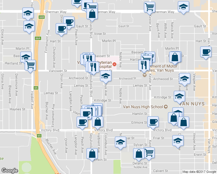 map of restaurants, bars, coffee shops, grocery stores, and more near 6656 Columbus Avenue in Los Angeles