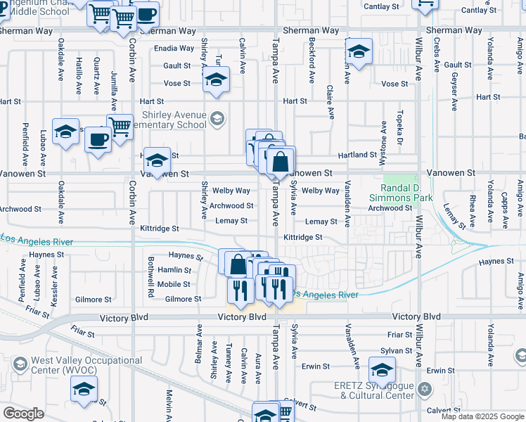 map of restaurants, bars, coffee shops, grocery stores, and more near 6670 Aura Avenue in Los Angeles
