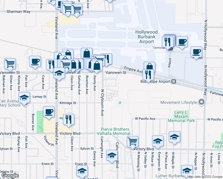 map of restaurants, bars, coffee shops, grocery stores, and more near 6630 Clybourn Avenue in Los Angeles