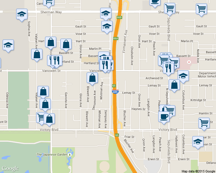 map of restaurants, bars, coffee shops, grocery stores, and more near 6701 Haskell Avenue in Los Angeles