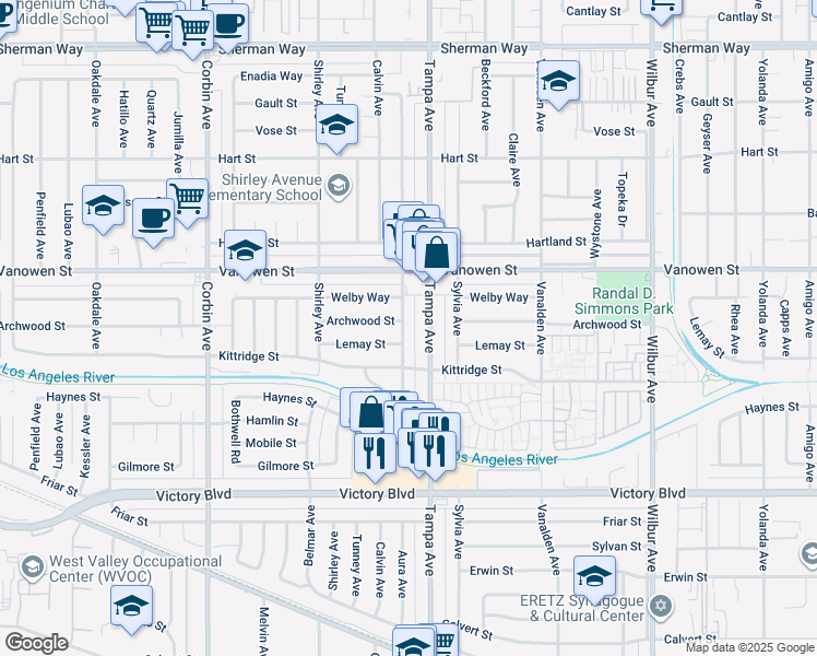 map of restaurants, bars, coffee shops, grocery stores, and more near 6670 Aura Avenue in Los Angeles