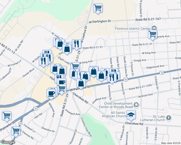 map of restaurants, bars, coffee shops, grocery stores, and more near 167 Queens Road in Florence