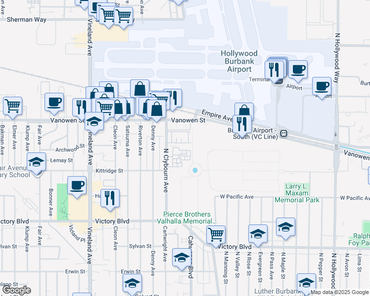 map of restaurants, bars, coffee shops, grocery stores, and more near 6626 Clybourn Avenue in Los Angeles