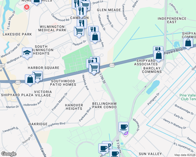 map of restaurants, bars, coffee shops, grocery stores, and more near 1650 Shipyard Boulevard in Wilmington