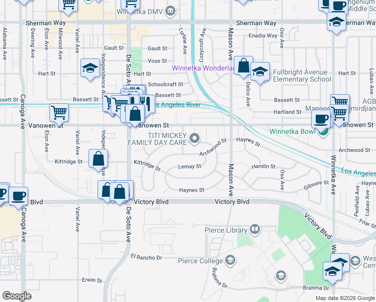 map of restaurants, bars, coffee shops, grocery stores, and more near 20641 Archwood Street in Los Angeles