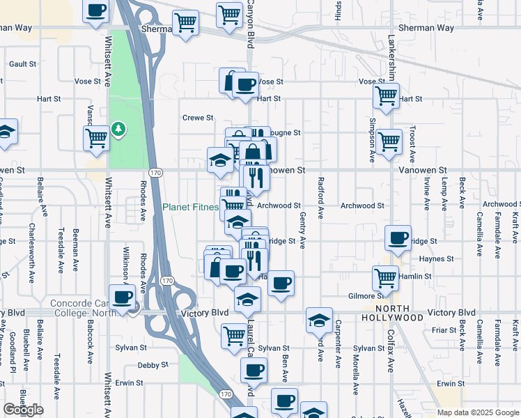 map of restaurants, bars, coffee shops, grocery stores, and more near 12040 Archwood Street in Los Angeles