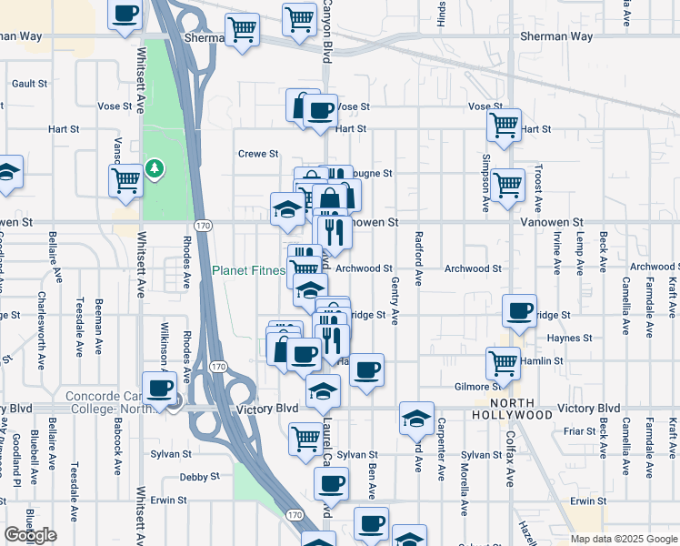 map of restaurants, bars, coffee shops, grocery stores, and more near 12040 Archwood Street in Los Angeles