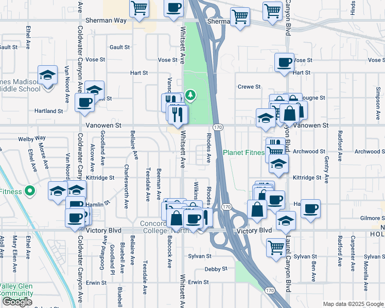 map of restaurants, bars, coffee shops, grocery stores, and more near 6661 Wilkinson Avenue in Los Angeles