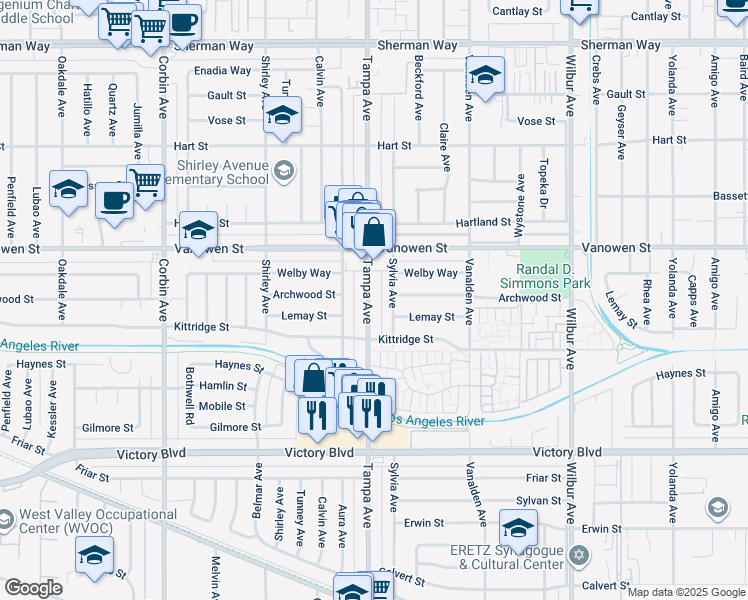 map of restaurants, bars, coffee shops, grocery stores, and more near 6702 Tampa Avenue in Los Angeles