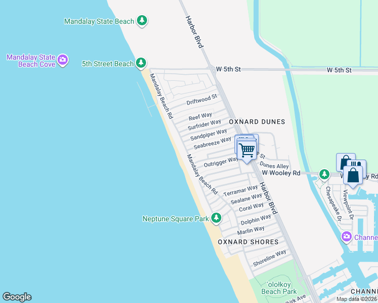 map of restaurants, bars, coffee shops, grocery stores, and more near 5331 Seabreeze Way in Oxnard