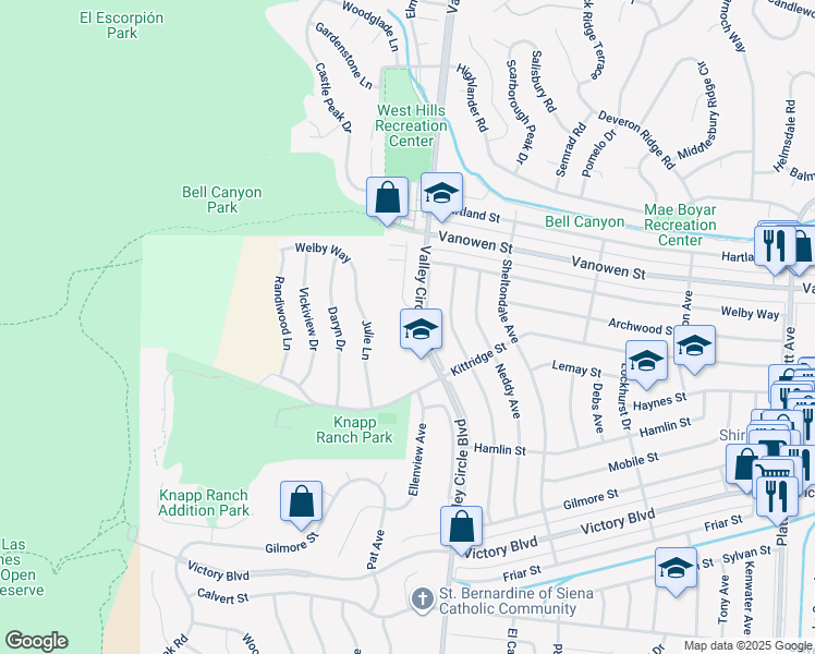 map of restaurants, bars, coffee shops, grocery stores, and more near 6701 Corie Lane in Los Angeles County
