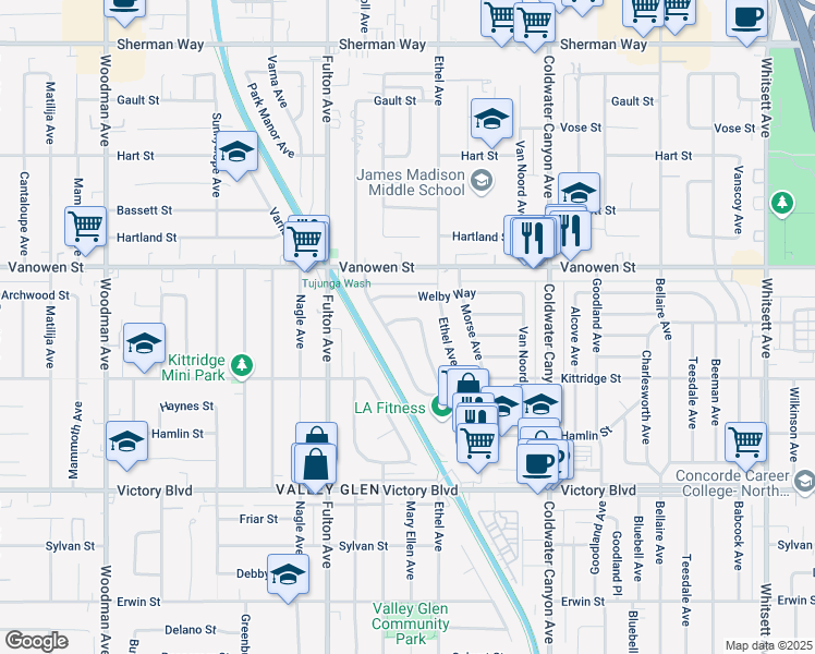 map of restaurants, bars, coffee shops, grocery stores, and more near 13121 Archwood Street in Los Angeles