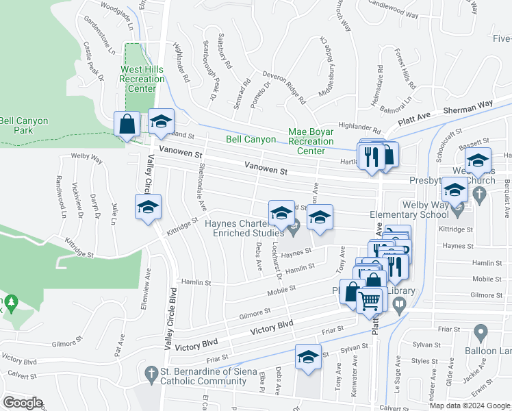 map of restaurants, bars, coffee shops, grocery stores, and more near 6656 Cleomoore Avenue in West Hills