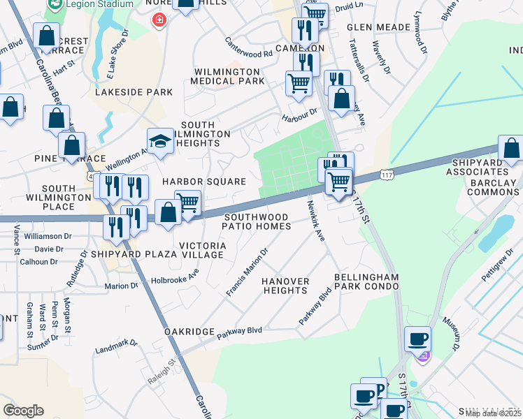 map of restaurants, bars, coffee shops, grocery stores, and more near 1164 Shipyard Boulevard in Wilmington