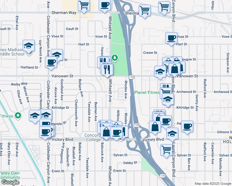map of restaurants, bars, coffee shops, grocery stores, and more near 12420 Archwood Street in Los Angeles
