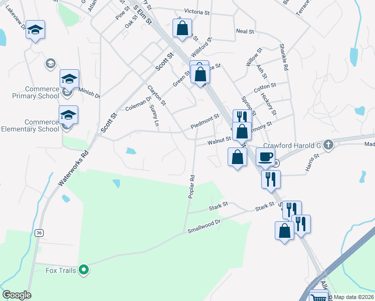 map of restaurants, bars, coffee shops, grocery stores, and more near 123 Creekdale Dr in Commerce