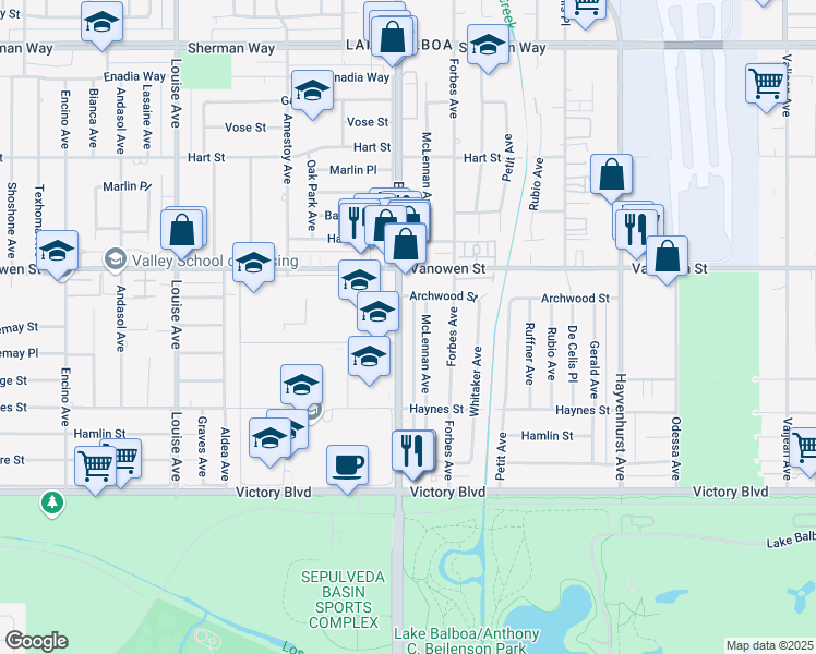 map of restaurants, bars, coffee shops, grocery stores, and more near 6714 McLennan Avenue in Los Angeles
