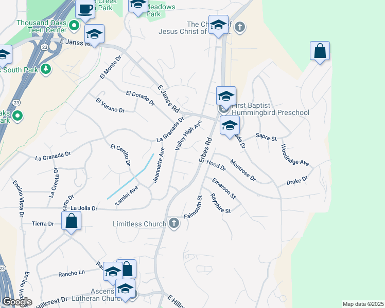 map of restaurants, bars, coffee shops, grocery stores, and more near 1061 Colby Circle in Thousand Oaks