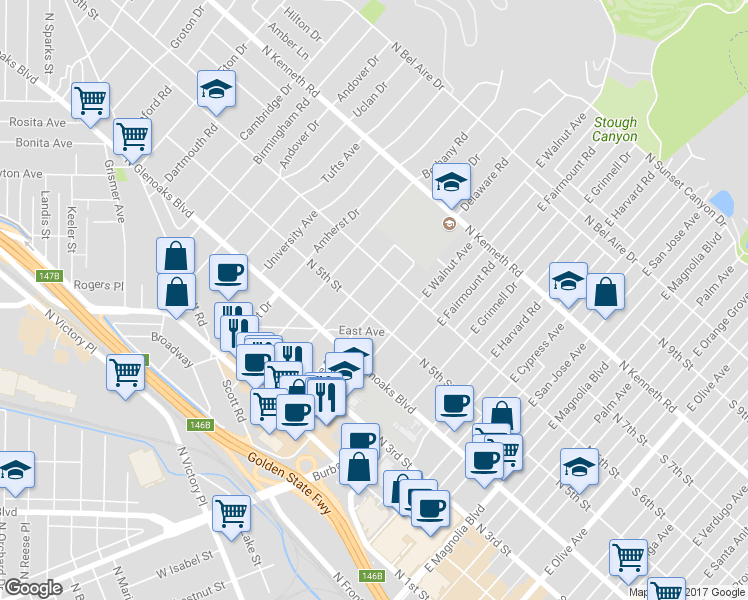 map of restaurants, bars, coffee shops, grocery stores, and more near 511 Delaware Road in Burbank