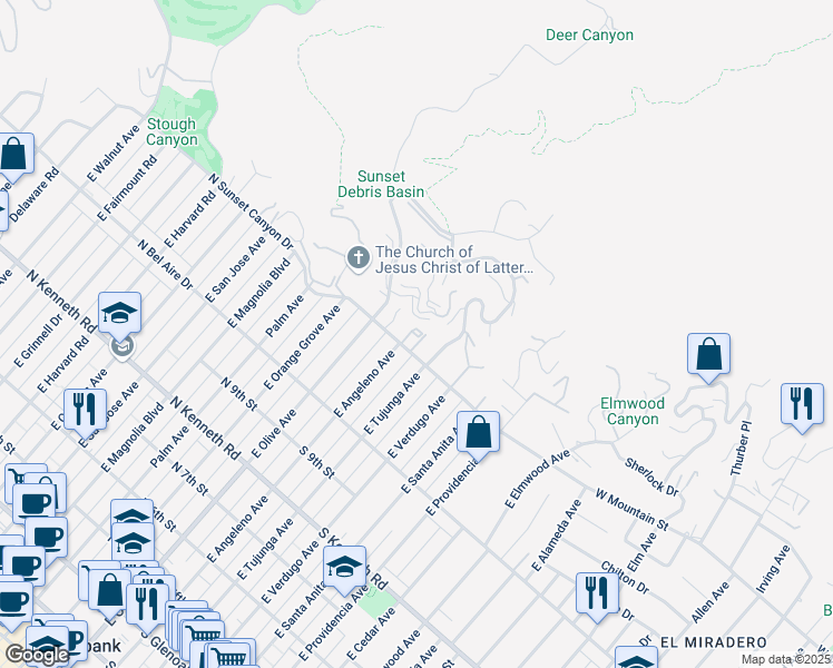 map of restaurants, bars, coffee shops, grocery stores, and more near 1 Skyline Drive in Burbank