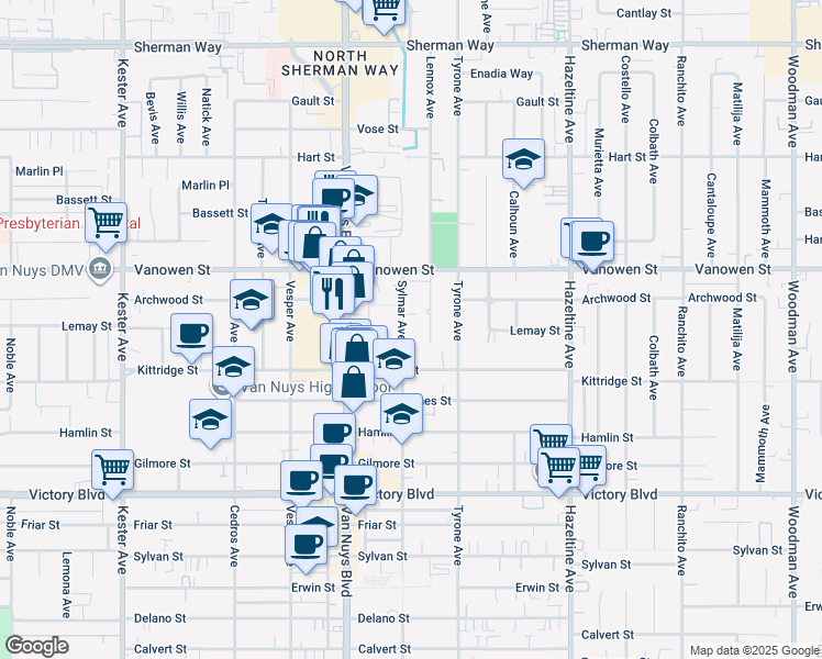 map of restaurants, bars, coffee shops, grocery stores, and more near 6716 Sylmar Avenue in Los Angeles