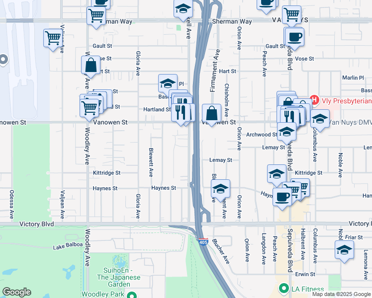 map of restaurants, bars, coffee shops, grocery stores, and more near 6723 Haskell Avenue in Los Angeles