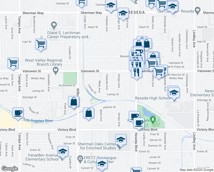 map of restaurants, bars, coffee shops, grocery stores, and more near 6715 Yolanda Avenue in Los Angeles