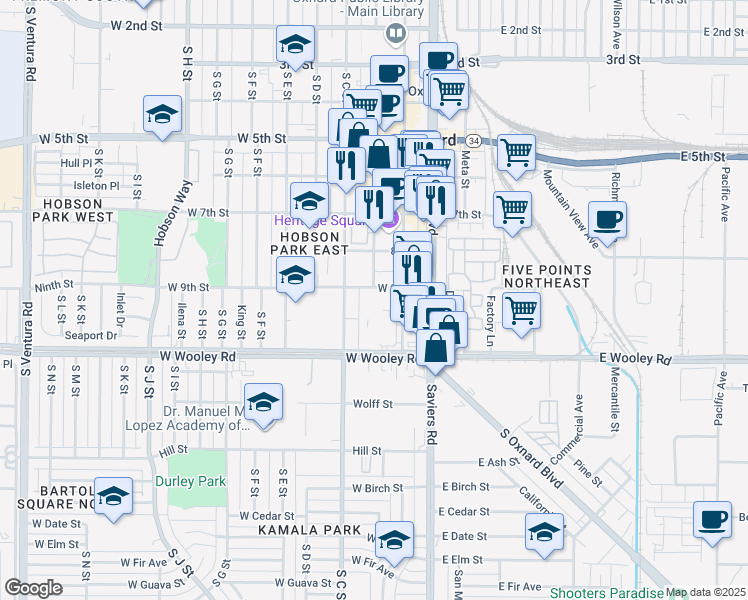 map of restaurants, bars, coffee shops, grocery stores, and more near 851 South A Street in Oxnard