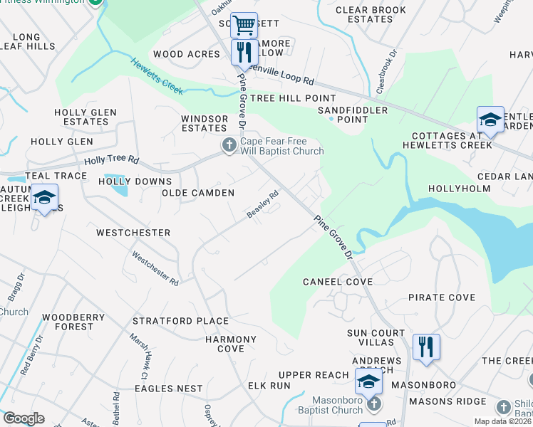 map of restaurants, bars, coffee shops, grocery stores, and more near 122 Beasley Road in Wilmington