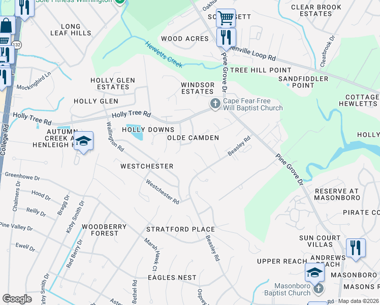 map of restaurants, bars, coffee shops, grocery stores, and more near 3115-3119 Joy Place in Wilmington