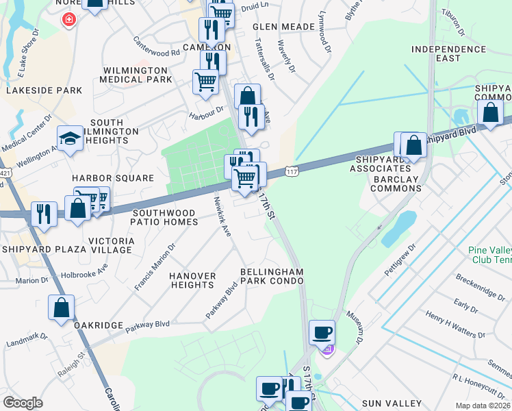 map of restaurants, bars, coffee shops, grocery stores, and more near 1650 Shipyard Boulevard in Wilmington