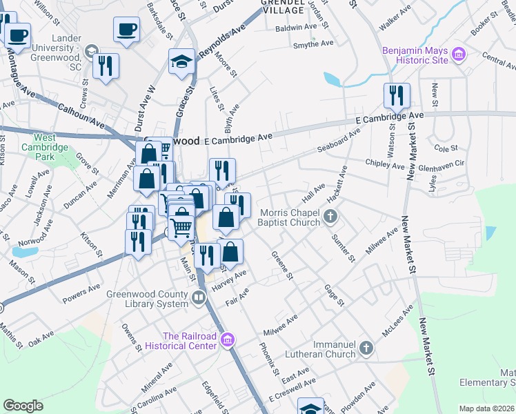map of restaurants, bars, coffee shops, grocery stores, and more near 7 West Byrd Street in Greenwood