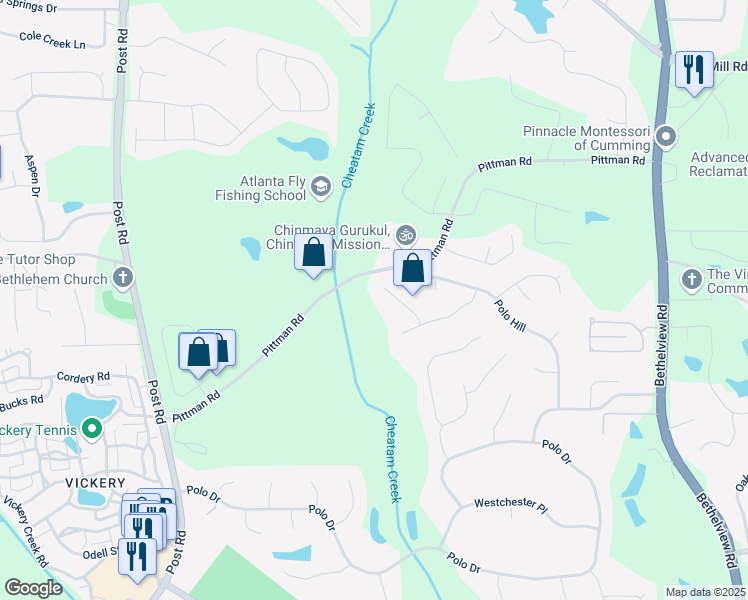 map of restaurants, bars, coffee shops, grocery stores, and more near 7475 Northampton Court in Cumming