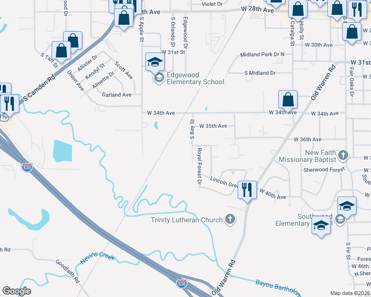 map of restaurants, bars, coffee shops, grocery stores, and more near 3604S South Bay Street in Pine Bluff