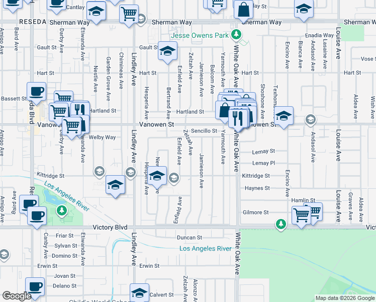 map of restaurants, bars, coffee shops, grocery stores, and more near 6659 Zelzah Avenue in Los Angeles