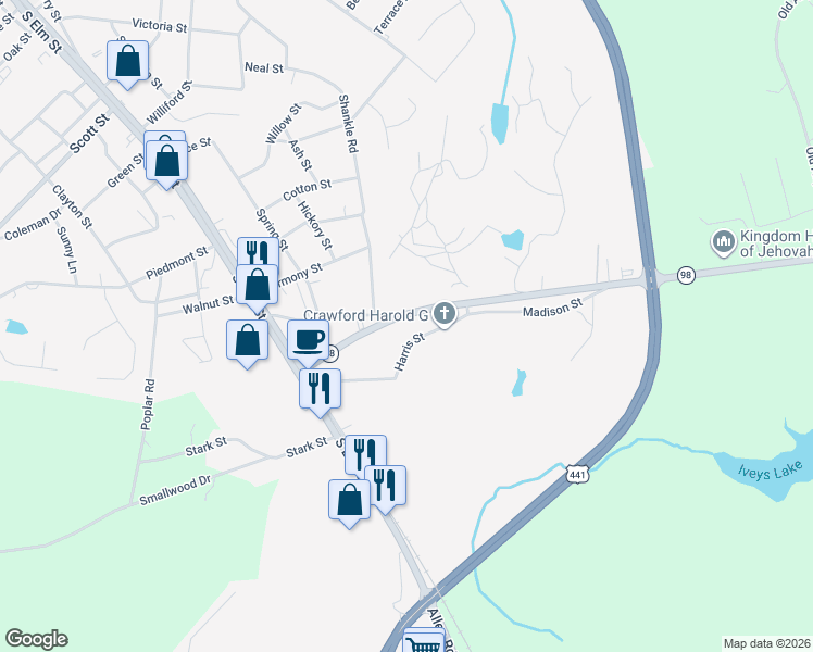 map of restaurants, bars, coffee shops, grocery stores, and more near 260 Ila Road in Commerce