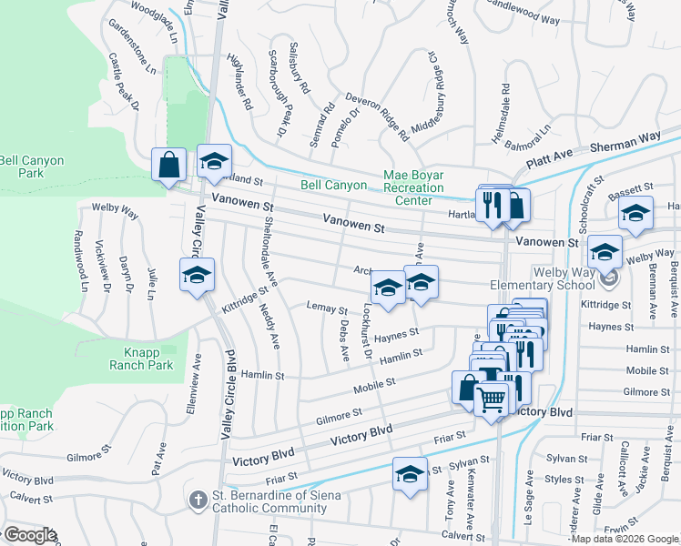 map of restaurants, bars, coffee shops, grocery stores, and more near 6656 Cleomoore Avenue in Los Angeles