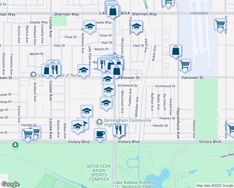 map of restaurants, bars, coffee shops, grocery stores, and more near 6700 Balboa Boulevard in Los Angeles