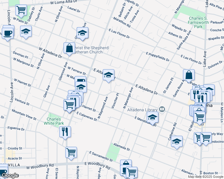 map of restaurants, bars, coffee shops, grocery stores, and more near 225 East Mariposa Street in Altadena
