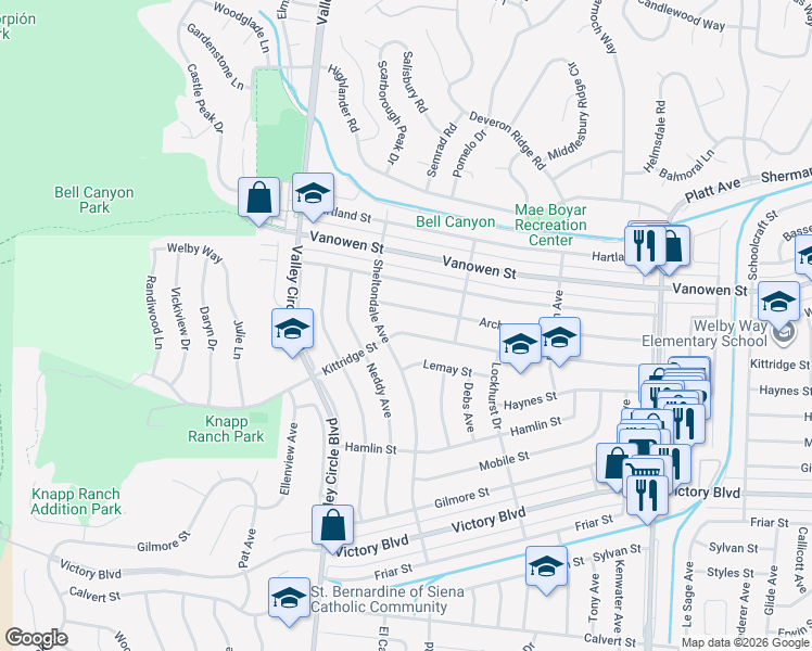 map of restaurants, bars, coffee shops, grocery stores, and more near 24155 Kittridge Street in Los Angeles
